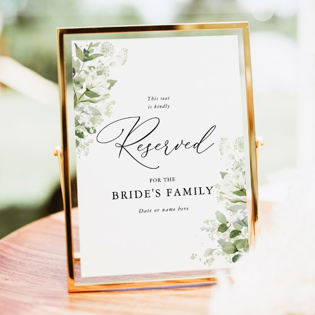 Affiche Panneau de réservation de mariage en vert sauge et (Sage green wedding reserved seating sign with organic greenery florals for ceremony family seating)