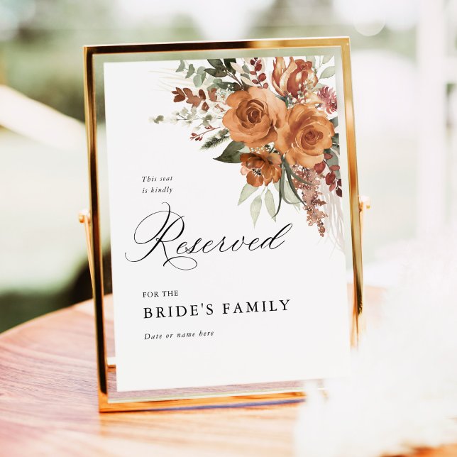 Affiche Panneau de réservation de mariage floral rose en t (Terracotta rose floral reserved wedding sign for bride’s family, elegant boho garden seating décor)