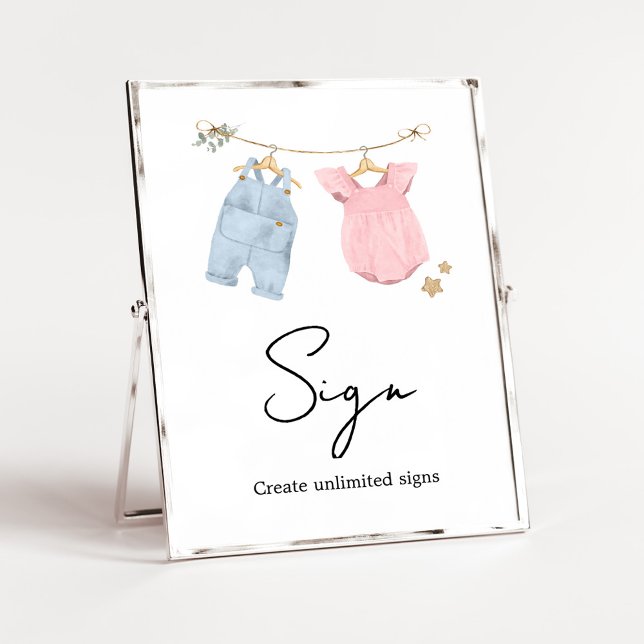 Affiche Panneau de révélation du sexe de bébé Boho (Boho Baby Clothesline Baby Shower Custom Sign)