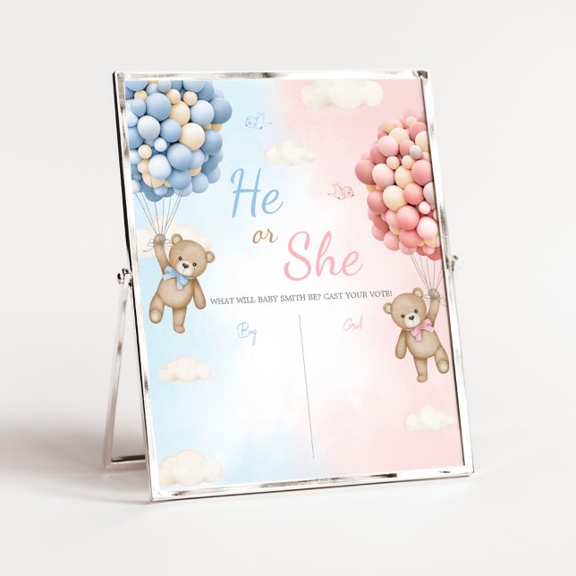 Affiche Panneau de Révélation du Sexe du Bébé Ours à Ballo (Bear Balloon He or She Gender Reveal Voting Sign)