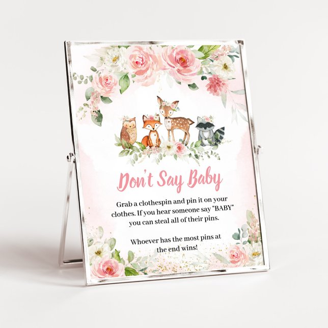 Affiche Panneau de salle de bain floral rose forestier Ne  (Girl Woodland Animals Baby Shower Don't Say Baby Sign)