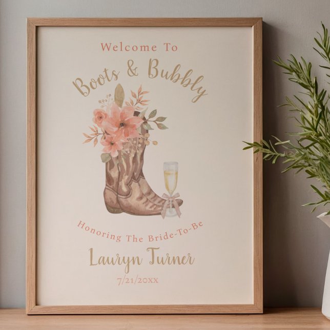 Affiche Panneau de Salle de Réception de Mariage Rustique  (Boots And Bubbly Cowgirl Rustic Bridal Shower Sign
)
