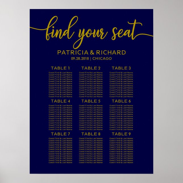 Affiche Panneau de siège mariage Gold Navy Blue (Devant)