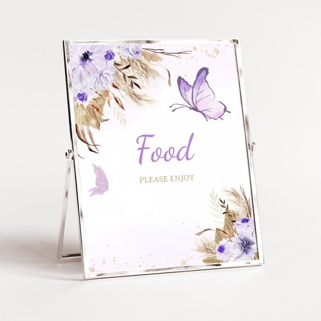 Affiche Panneau de signalisation alimentaire pour Baby Sho (Purple Butterfly Baby Shower Food Sign)