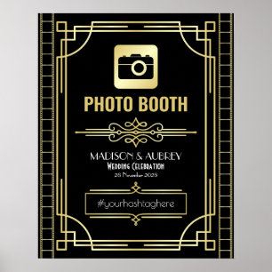 Affiche Panneau de signalisation de fête noir or Booth pho