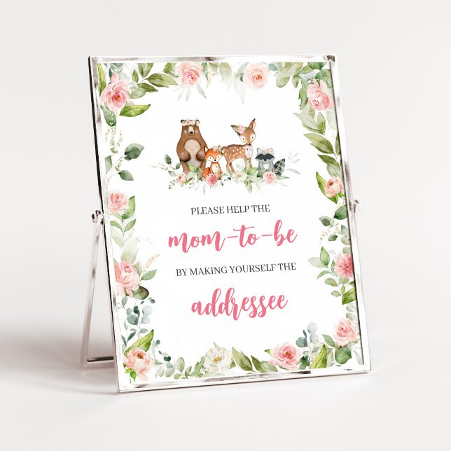 Affiche Panneau de signalisation de la station d'enveloppe (Girl Woodland Animals Baby Shower Envelope Station Sign)