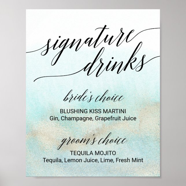 Affiche Panneau de signature Aqua & Gold Watercolor Beach  (Devant)