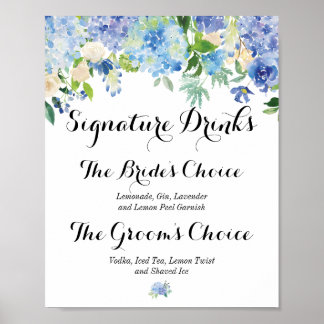 Affiche Panneau de signature Blue Floral Hydrangea Boisson