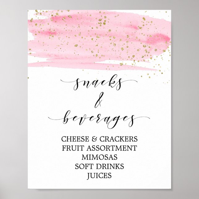 Affiche Panneau de snacks et boissons rose aquarelle et or (Devant)
