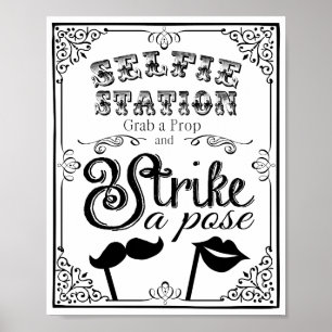 Affiche Panneau de stand de selfie de mariage noir et blan
