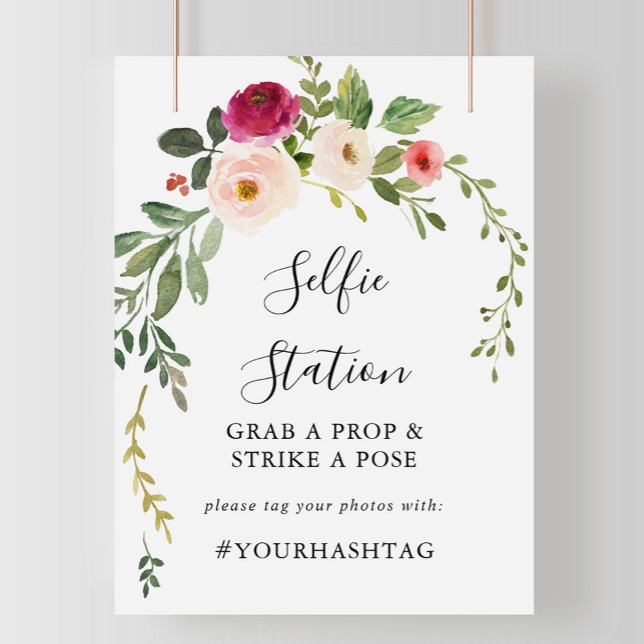 Affiche Panneau de station de selfie floral rose verdure (Créateur téléchargé)