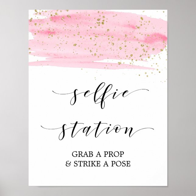 Affiche Panneau de station de selfie rose aquarelle et or (Devant)