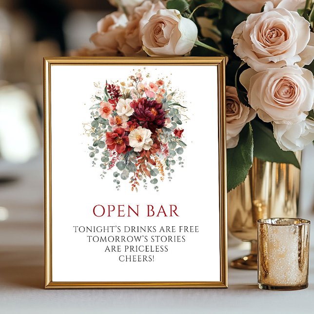 Affiche Panneau de table à bar ouvert Chic automne Marsala (Chic Fall Marsala Floral Open Bar Tabletop Sign

)