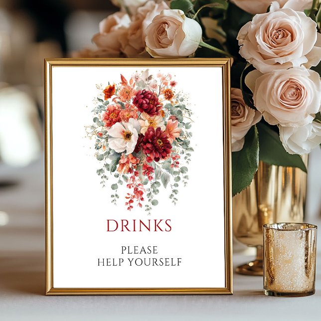 Affiche Panneau de table automne Bourgogne Fleurs Boissons (Autumn Burgundy Flowers Drinks Tabletop Sign

)