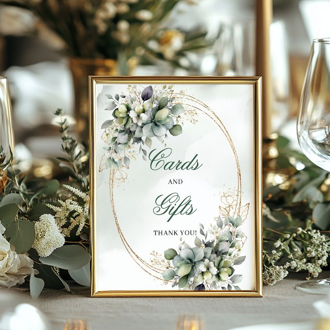 Affiche Panneau de table Cartes et Cadeaux Aquarelle Vert  (Dusty Green Watercolor Cards And Gifts Table Sign)