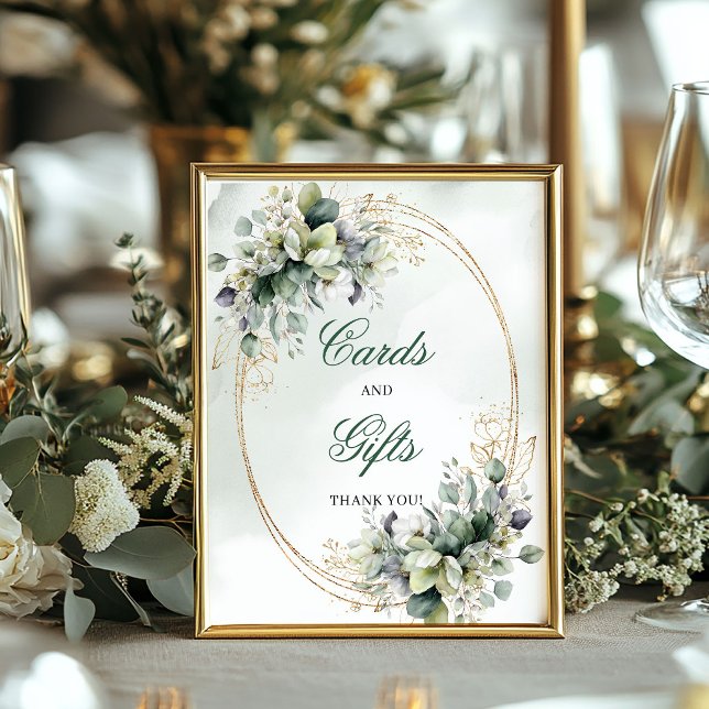 Affiche Panneau de table Cartes et Cadeaux Vert Aquarelle  (Watercolor Green White Cards And Gifts Table Sign)