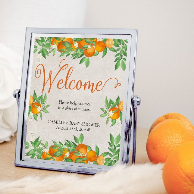 Affiche Panneau de table Citrus Orange Mimosa de bienvenue (Welcome Sign from my Citrus Orange Baby Shower collection)