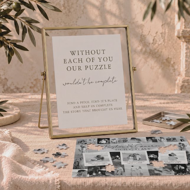 Affiche Panneau de table d'activité de puzzle de mariage m (Wedding Puzzle Activity Table Sign Minimalist with puzzle on linen table destination wedding ivory)