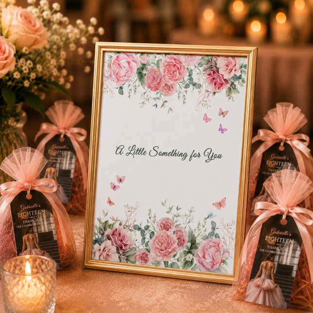 Affiche Panneau de table de faveur de papillon floral blan (Elegant favor table sign with coordinating thank you tags)
