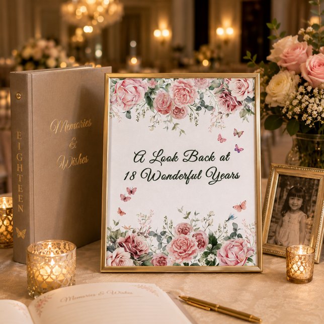 Affiche Panneau de table de mémoire papillon (Elegant framed memory table sign with blush roses, butterflies, and romantic debut styling.)