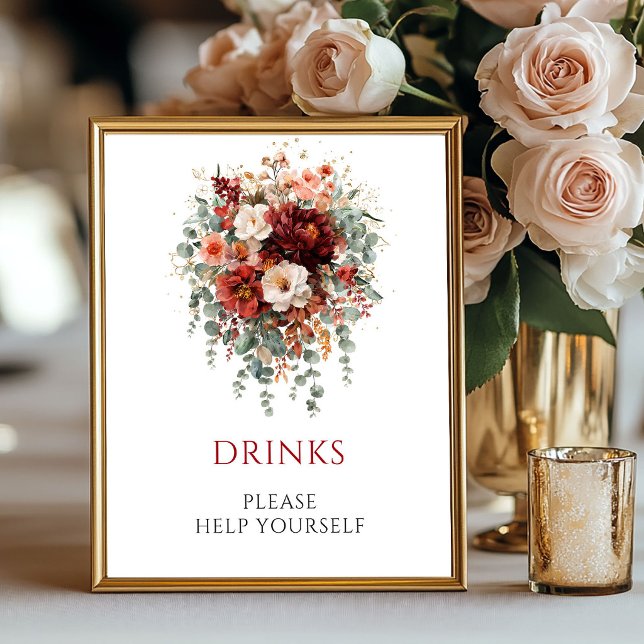 Affiche Panneau de table élégant Boho Deep Red Eucalyptus (Deep Red Boho Eucalyptus Drinks Tabletop Sign

)