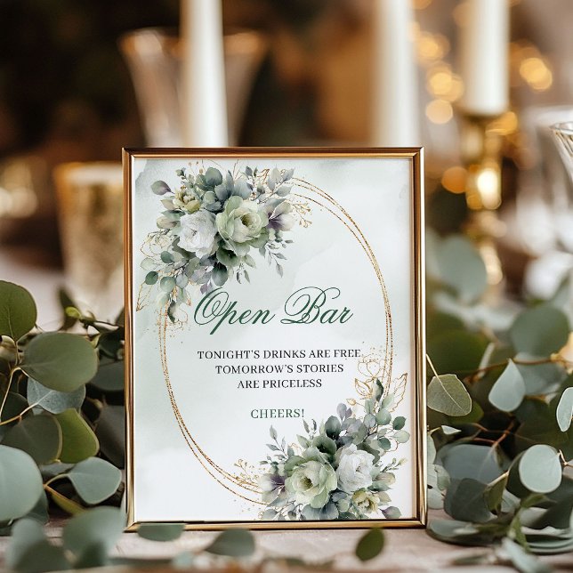 Affiche Panneau de table ouvert à l'aquarelle Or Vert (Green Gold Watercolor Open Bar Tabletop Sign)