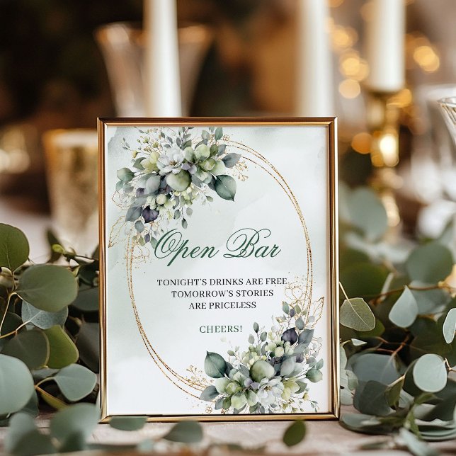 Affiche Panneau de table ouvert Bohème rustique avec verdu (Rustic Boho Greenery Open Bar Tabletop Sign)