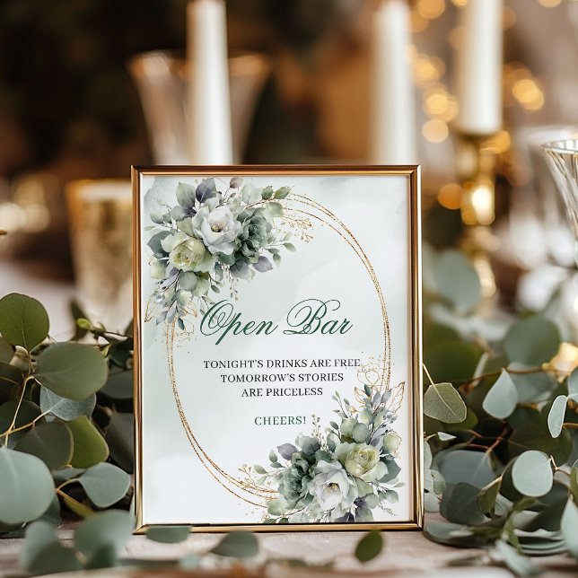 Affiche Panneau de table ouvert Boho Dusty Green Eucalyptu (Boho Dusty Green Eucalyptus Open Bar Tabletop Sign)