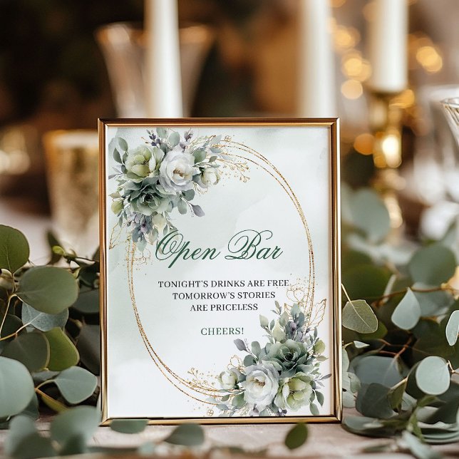 Affiche Panneau de table ouvert en botanique vert poussiér (Dusty Green Botanical Open Bar Tabletop Sign)