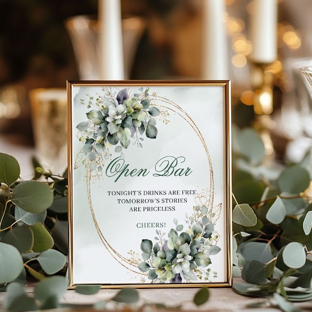 Affiche Panneau de table ouvert en botanique vert sauge (Sage Green Botanical Open Bar Tabletop Sign)