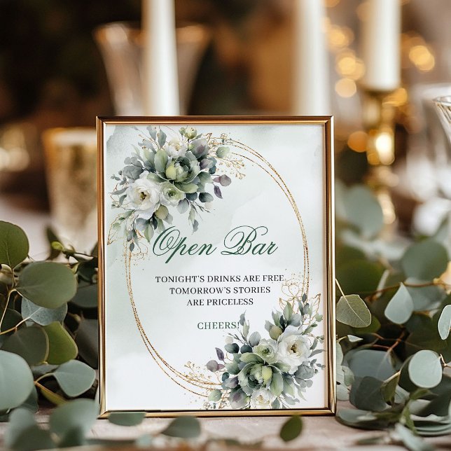 Affiche Panneau de table ouvert en eucalyptus vert poussié (Dusty Green Eucalyptus Open Bar Tabletop Sign)