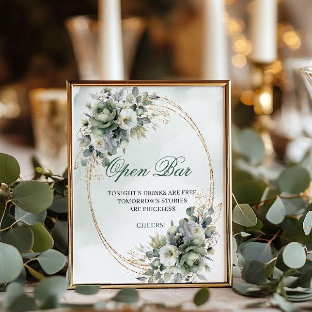 Affiche Panneau de table ouvert en or avec verdure à l'aqu (Watercolor Greenery Gold Open Bar Tabletop Sign)