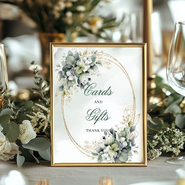 Affiche Panneau de table pour cartes et cadeaux en eucalyp (Dusty Green Eucalyptus Cards And Gifts Table Sign)
