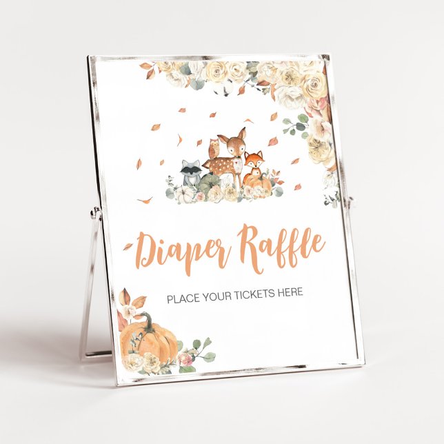 Affiche Panneau de tirage au sort de couche pour animaux d (Floral Woodland Animals Baby Shower Diaper Raffle Sign)