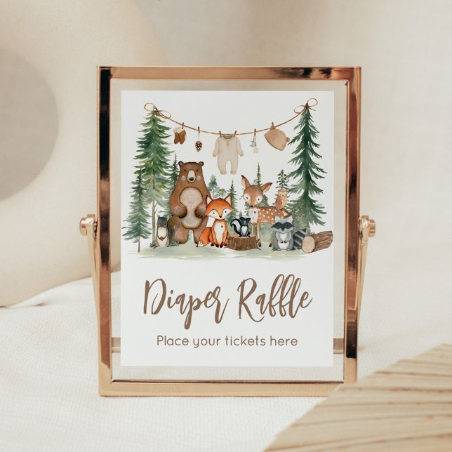 Affiche Panneau de tirage au sort de couche pour Baby Show (Woodland Animals Adventure Awaits Rustic Baby Shower Sign)