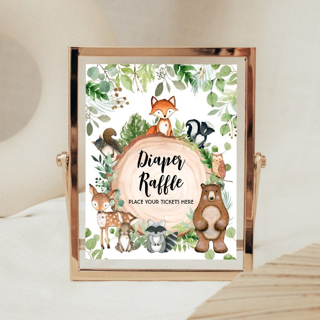 Affiche Panneau de tirage au sort de couche pour Baby Show (Wood Slice Woodland Baby Shower Diaper Raffle Sign)