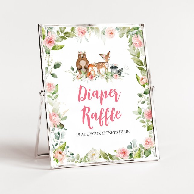 Affiche Panneau de tirage au sort de couche pour Baby Show (Girl Woodland Animals Baby Shower Diaper Raffle Sign)