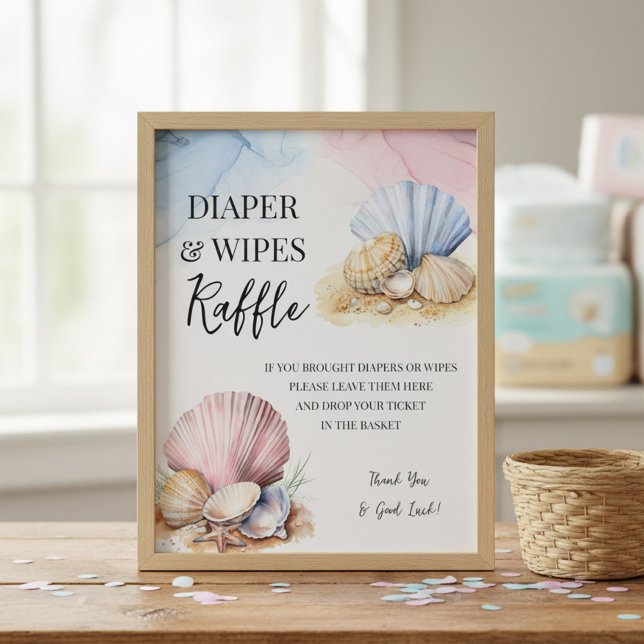 Affiche Panneau de tombola de couches et de lingettes pour (Diaper & Wipes raffle poster from Coastal Gender Reveal - We Shell Sea collection by Darling & May)