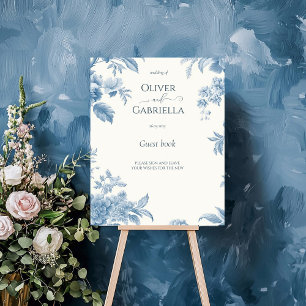 Affiche Panneau d'hôte Mariage Floral bleu toile française