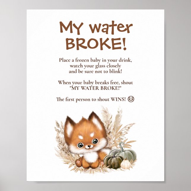 Affiche Panneau du Baby shower d'automne Fox My Water Brok (Devant)