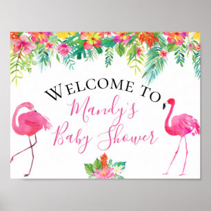 Affiche Panneau du Baby shower de Flamant rose floral trop