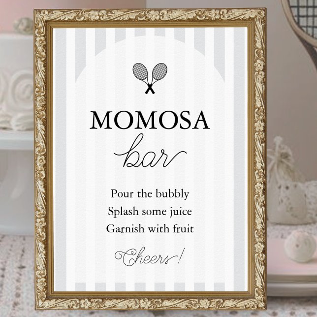 Affiche Panneau du Baby shower de tennis chic gris Momosa  (elegant grey and white baby shower sign for momosa bar at tennis theme events shown in gold frame)