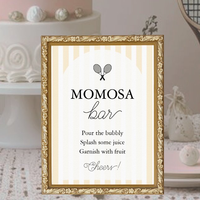 Affiche Panneau du Baby shower de tennis chic jaune Momosa (elegant yellow momosa bar sign for tennis theme chic preppy baby shower event)