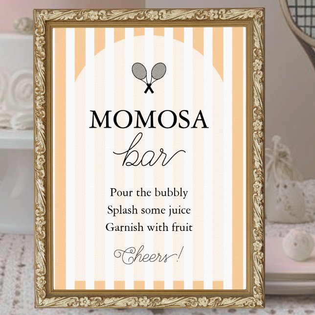 Affiche Panneau du Baby shower de tennis orange chic Momos (elegant orange and white striped momosa bar tennis theme baby shower sign displayed in gold frame )