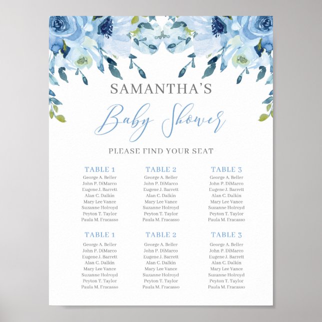 Affiche Panneau du Baby shower floral bleu Dusty (Devant)