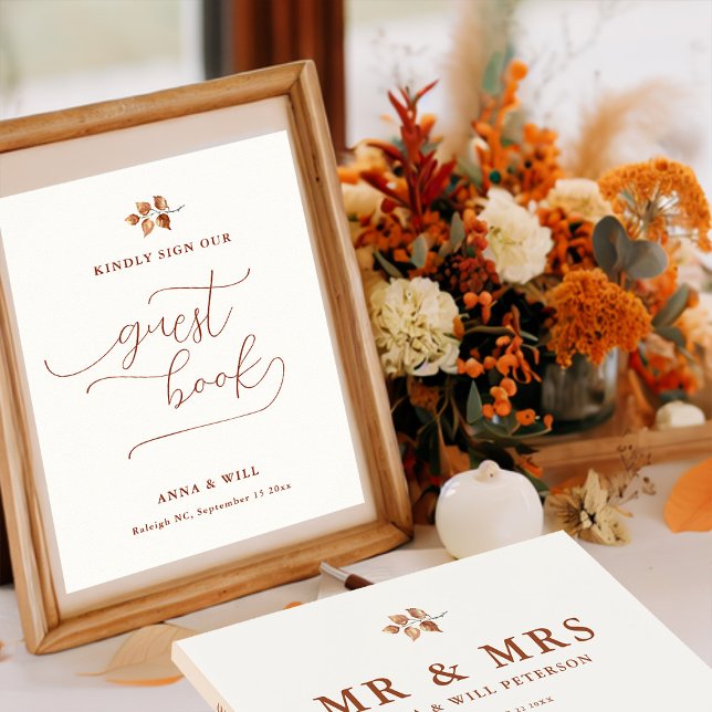 Affiche Panneau du livre d'hôtes Mariage de automne élégan (sign our guest book fall autumn wedding sign terracotta elegant calligraphy simple leaves foliage)