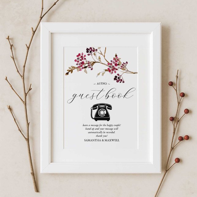 Affiche Panneau du livre d'invité Rustic Mariage Audio (fall bridal shower theme audio guestbook burgundy red and brown botanicals 
)