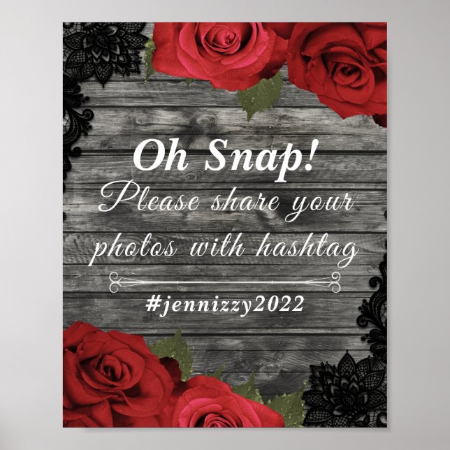 Affiche Panneau du Mariage Red Roses Rustic Black Lace (Devant)