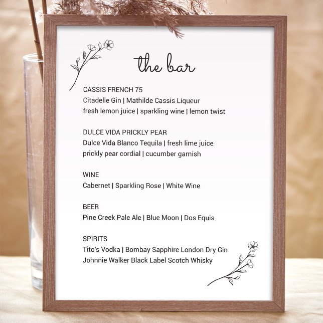 Affiche Panneau du menu de la barre de Mariage fleur sauva (Wildflower Wedding Bar Menu Sign by Fiesta Valley Print)
