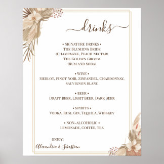 Affiche Panneau du menu des boissons de mariage floral